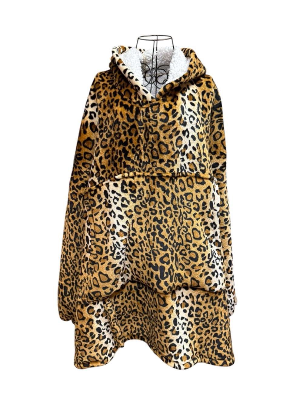 Catalonia Leopard Print Sherpa Hooded Poncho - Tan & Black XL